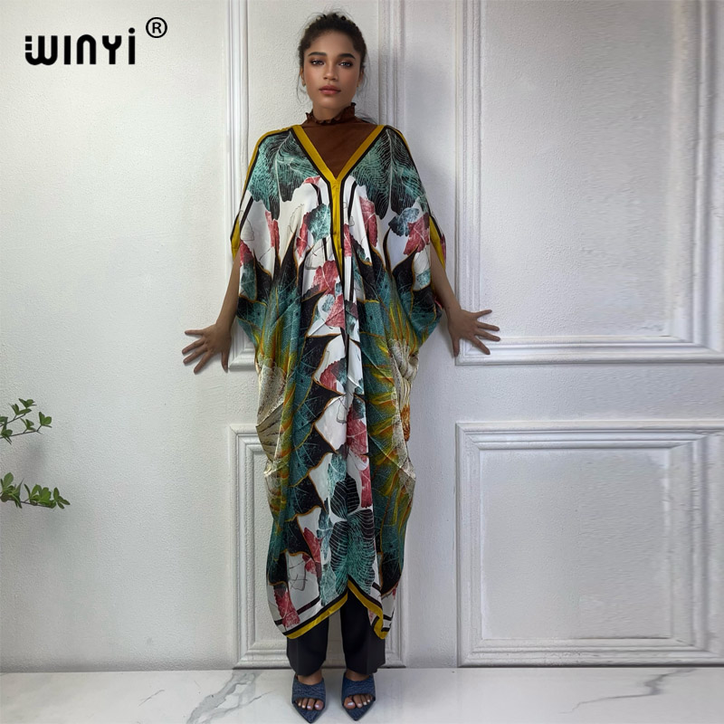 Robe Silk Women - فستان شاطئ مطبوع من WINYI-أفريقيا برقبة