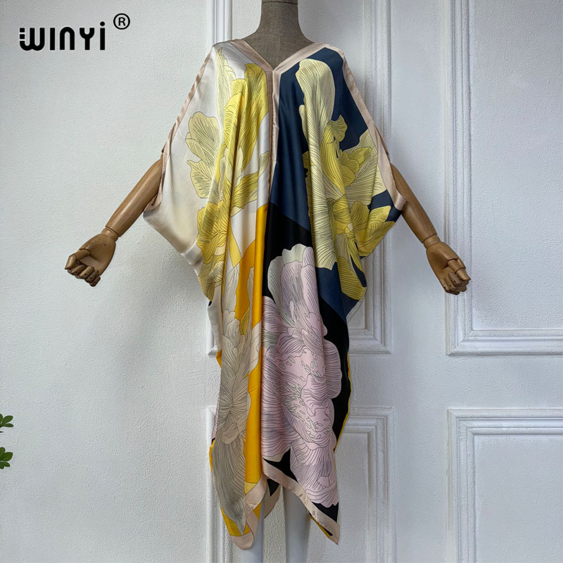 Robe Silk Women - فستان شاطئ مطبوع من WINYI-أفريقيا برقبة