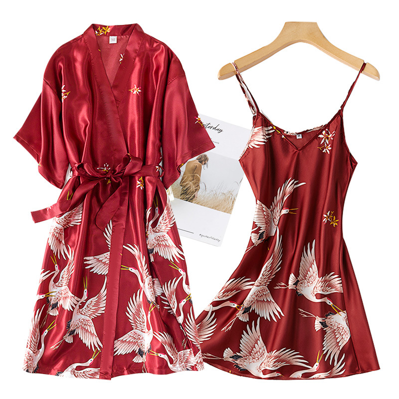 Robe Silk Women - عنابي النساء 2 قطعة فو الحرير